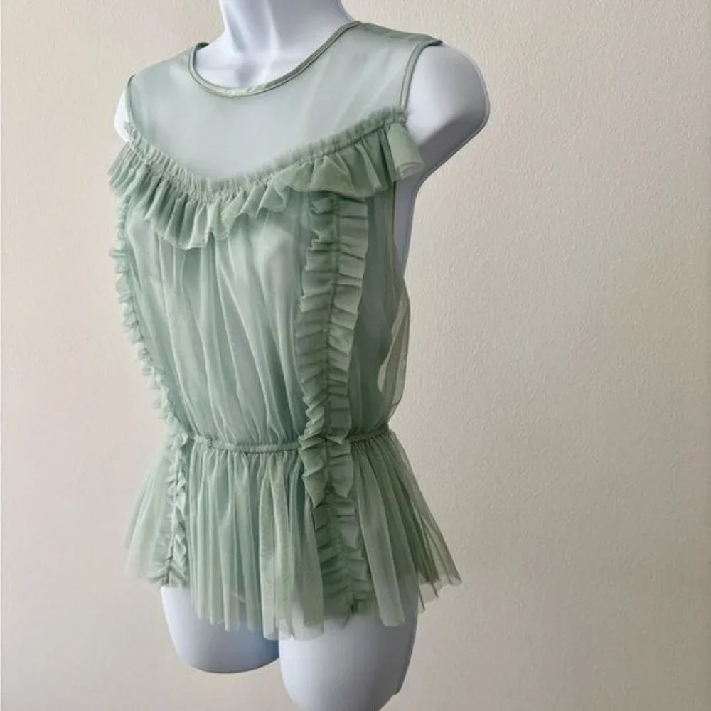 H & M Top 12 Mesh Peplum Green Ruffle Tulle Romantic Cottagecore Victorian Fairy - Picture 8 of 13